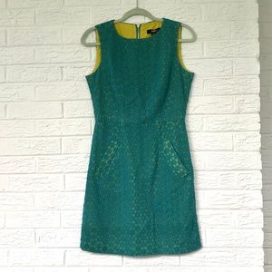 ABS Allen Schwartz teal dress with yellow underlay